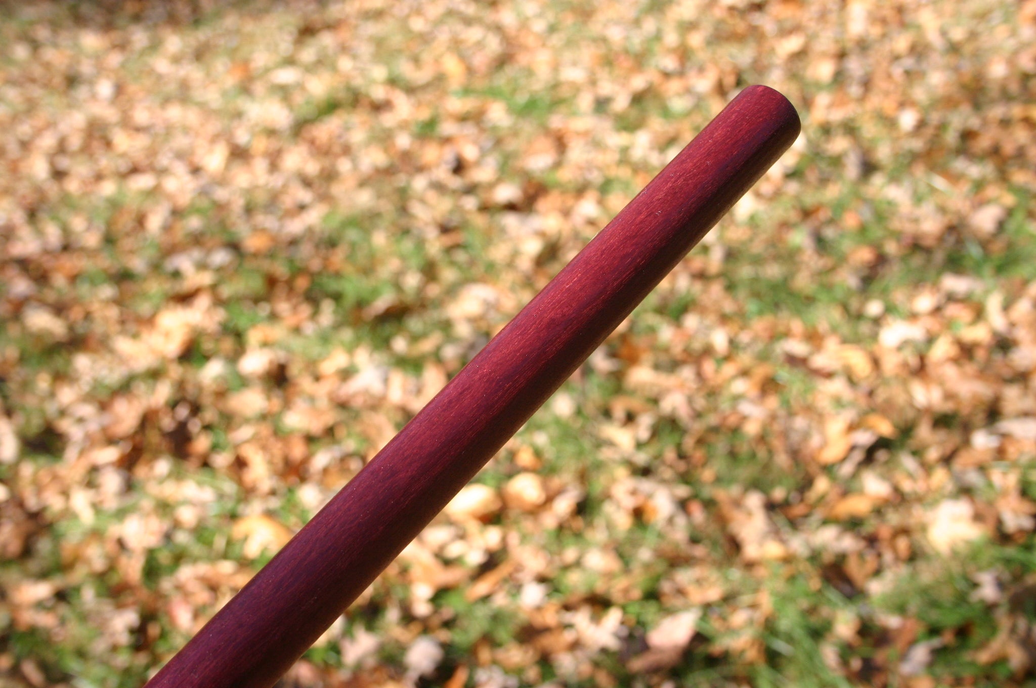 An angled shot of a single purpleheart tanbo stick.
