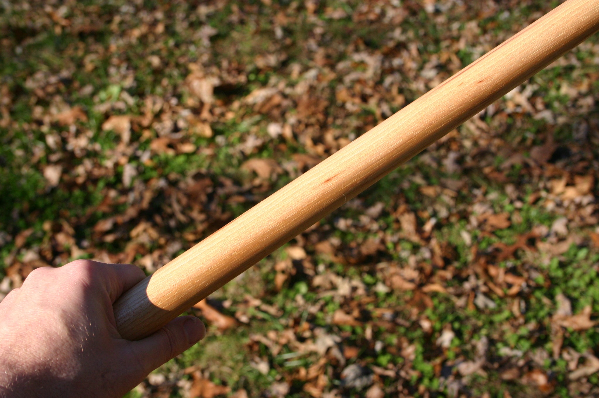 Holding an arnis style martial arts staff made out of hickory with fall foliage. 